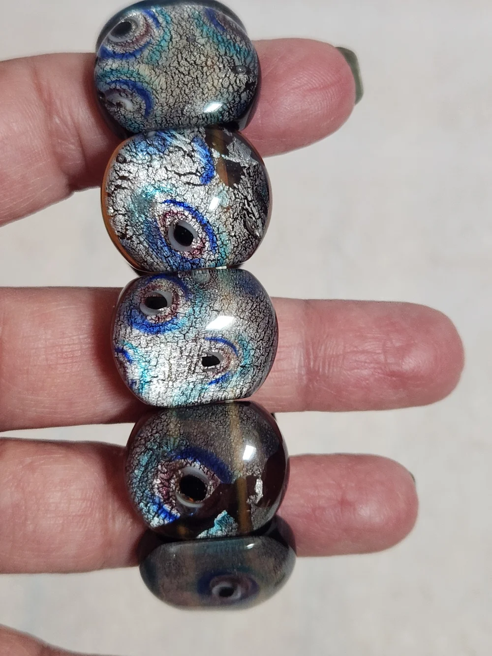 Murano Glass Blue Silver Brown Stretch Bracelet